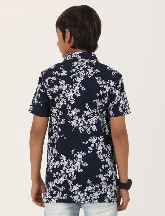 Zion Boys Cotton Half Sleeve Open Collar Shirt with Floral Printed - Navy