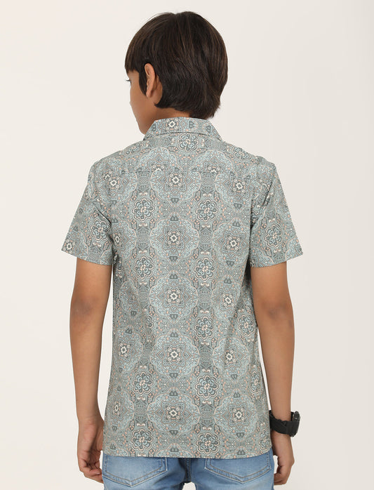 Zion Boys Cotton Half Sleeve Open Collar Shirt with Geometric floral Printed - Olive