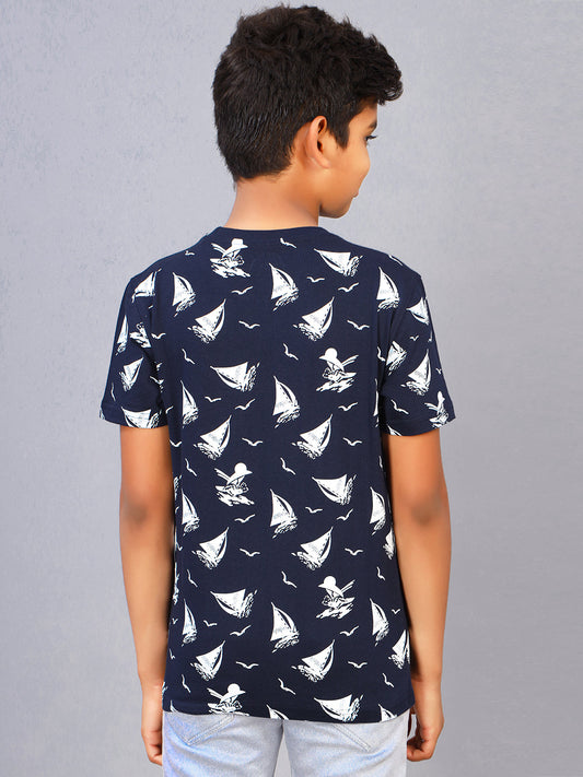 Zion Boys Crew Neck T shirt in Sailor Boat Print-Navy