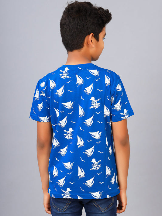 Zion Boys Crew Neck T shirt in Sailor Boat Print-Royal Blue