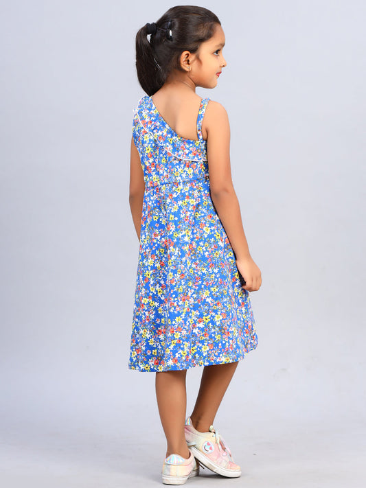 Zion Girls Printed Flared Dress with Half Shoulder & Ruffle highlights - Navy