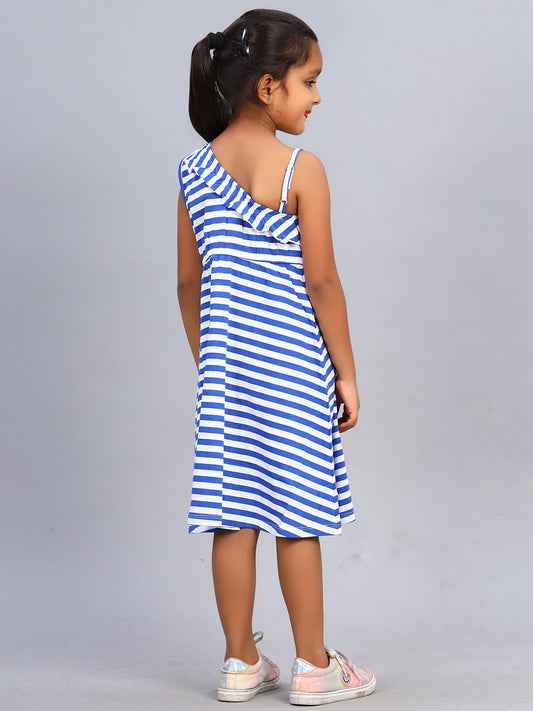 Zion Girls Printed Flared Dress with Half Shoulder & Ruffle highlights - Blue