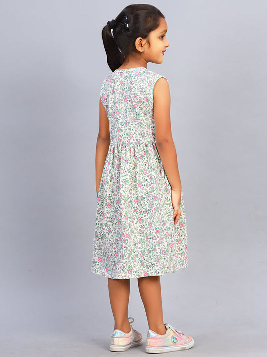 Zion Girls Floral Printed Fit and Flare Dress in Knit - Offwhite