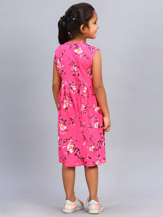 Zion Girls Floral Printed Fit and Flare Dress in Knit - Dark Pink