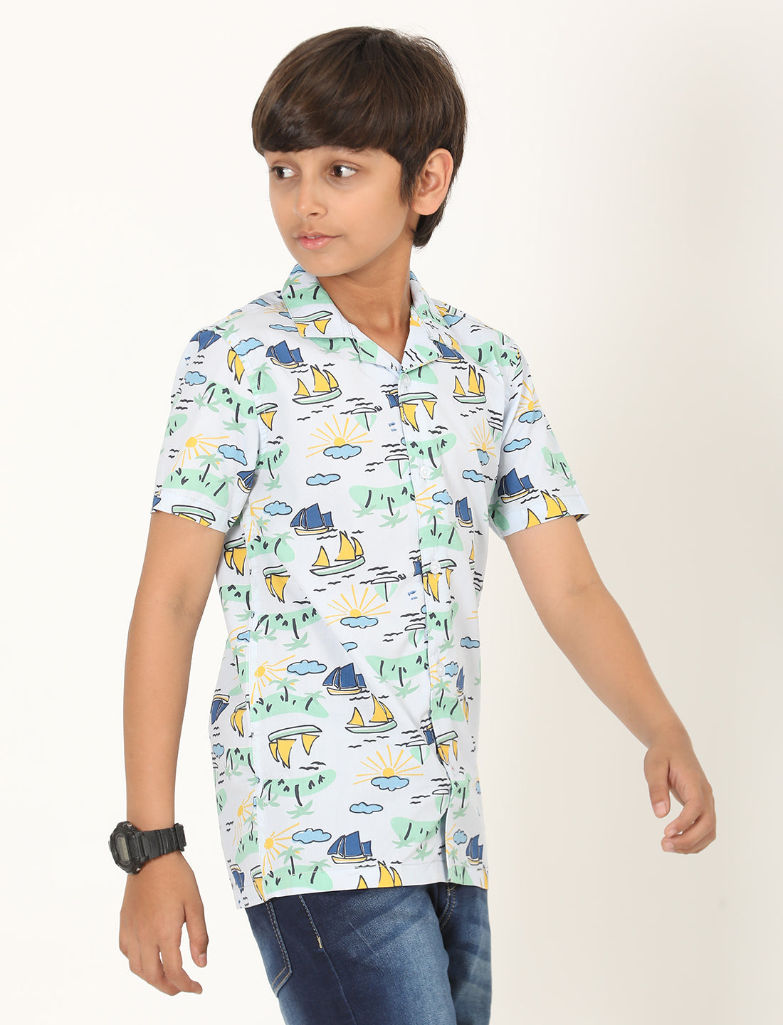 Zion Boys Cotton Half Sleeve Open Collar Shirt with Conversational Print - Light Blue