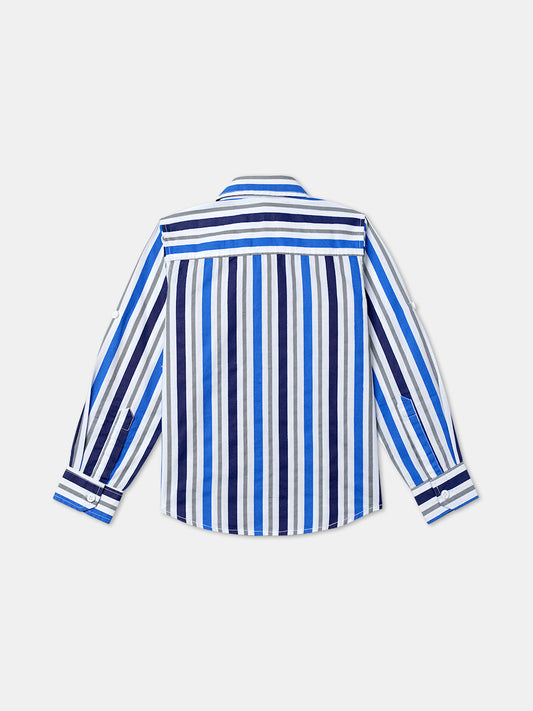 Zion Boys Stripe Shirt with Roll-Up Sleeves-Blue