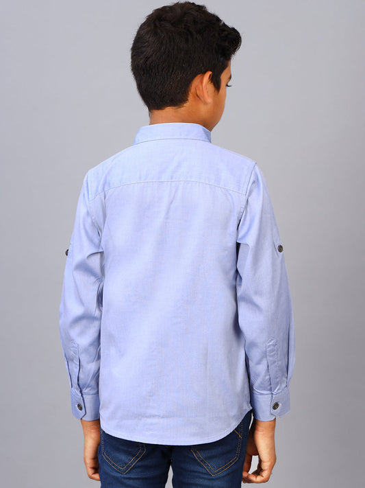 Zion Boys Shirt with Bear Embroidery & Epaulettes-Blue