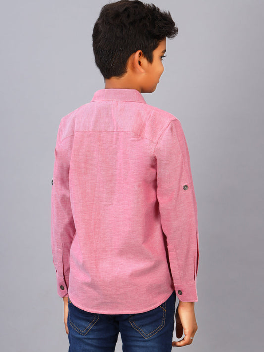 Zion Boys Shirt with Bear Embroidery & Epaulettes-Pink