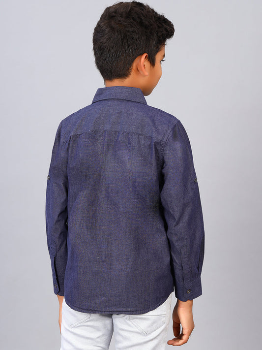 Zion Boys Shirt with Bear Embroidery & Epaulettes-Dark Blue
