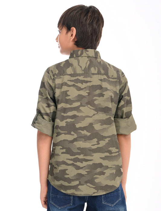Zion Boys Cotton Full Sleeve Shirt with Military Camoflagued Print - Olive