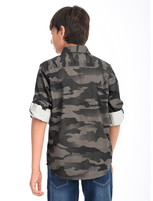 Zion Boys Cotton Full Sleeve Shirt with Military Camoflagued Print - Black