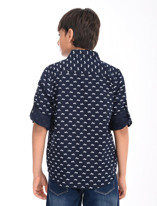 Zion Boys Cotton Half Sleeve Shirt with All Over Ditsy Print - Navy