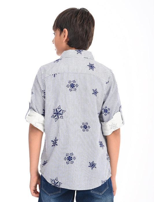 Zion Boys Cotton Half Sleeve Shirt with Striped print with floral motives - Blue