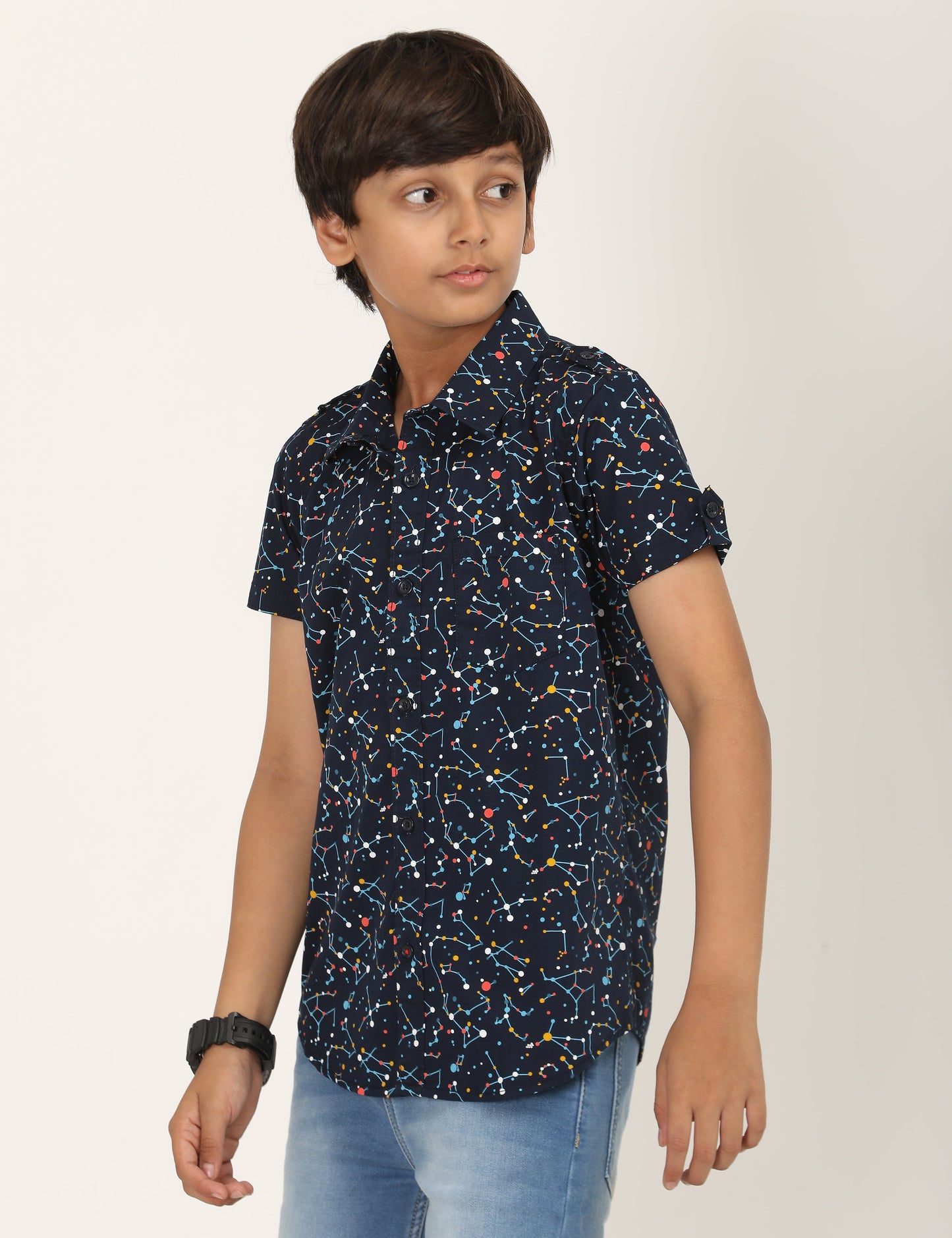 Zion Boys Cotton Half Sleeve Shirt with Dotted Print - Navy