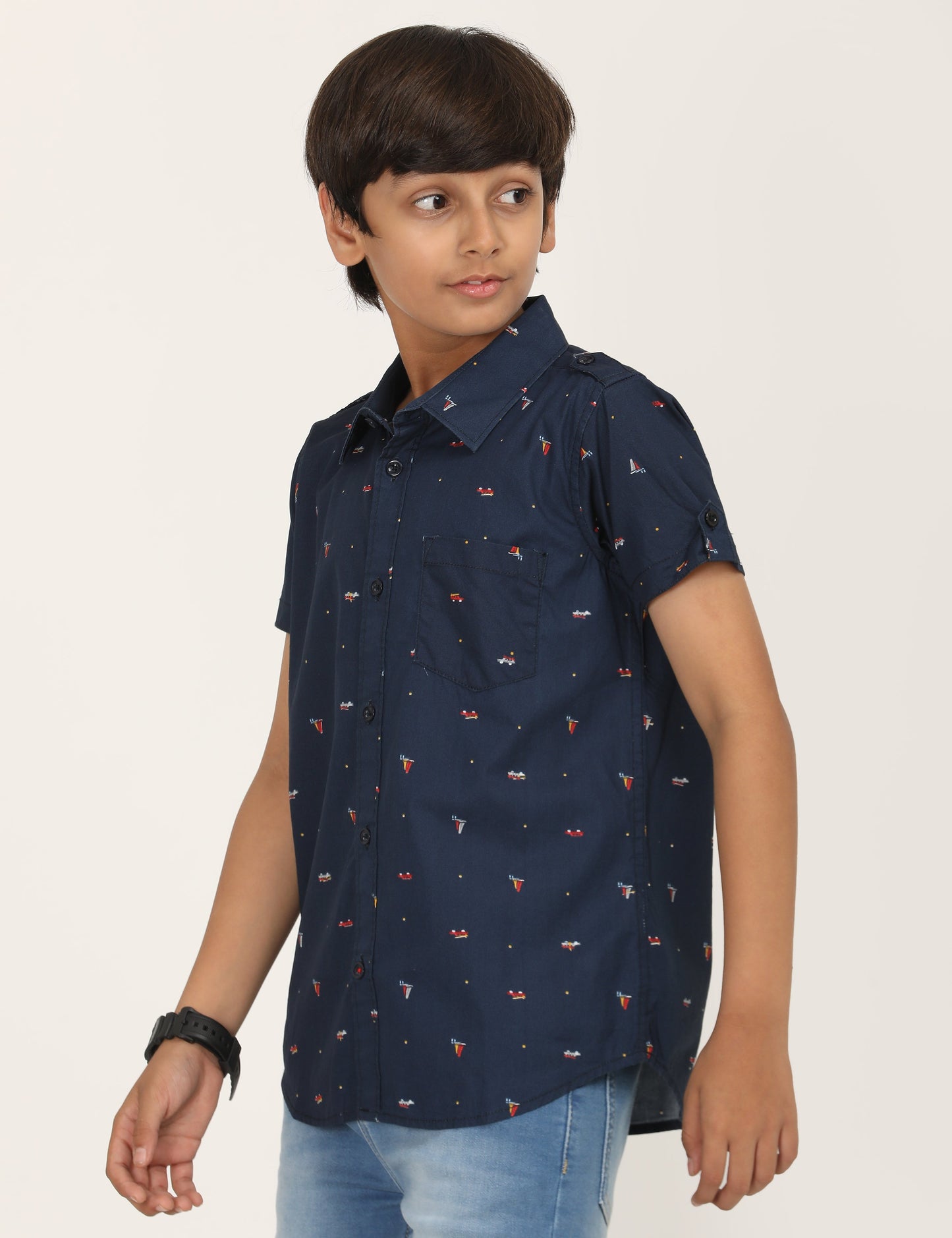Zion Boys Cotton Half Sleeve Shirt with Boat Print - Navy