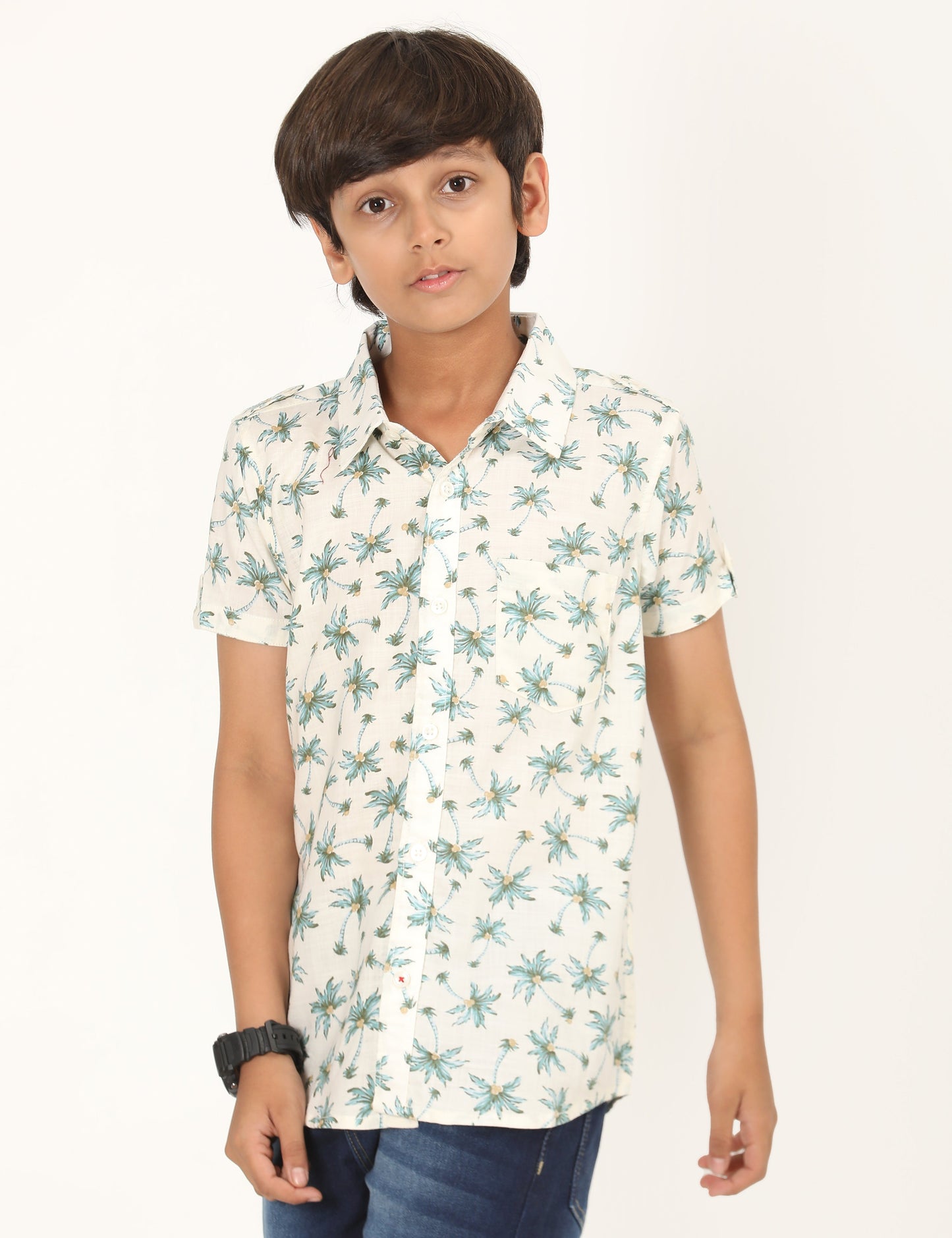 Zion Boys Cotton Half Sleeve Shirt with Plam Tree Printed - Off White