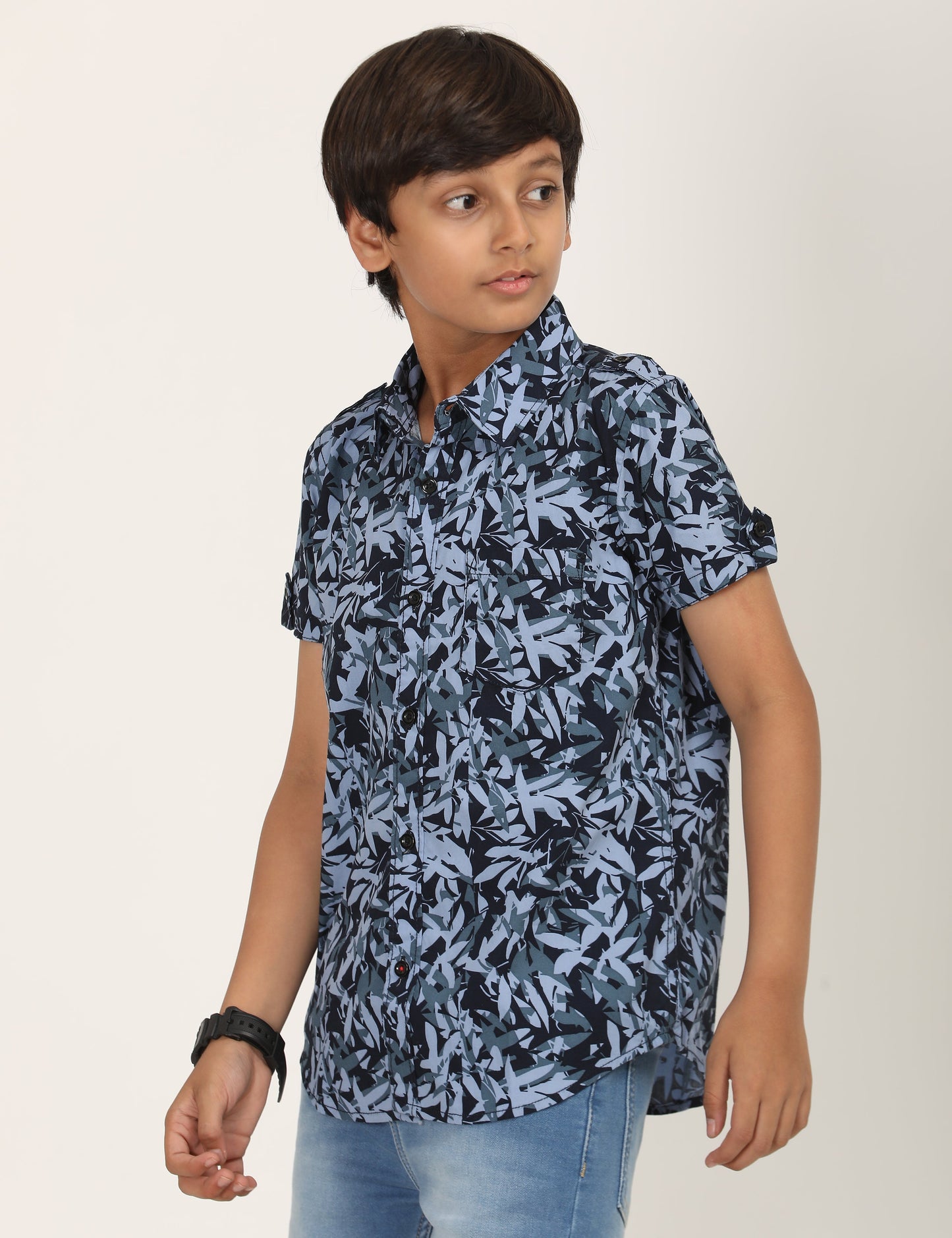 Zion Boys Cotton Half Sleeve Shirt with Nature Printed - Navy