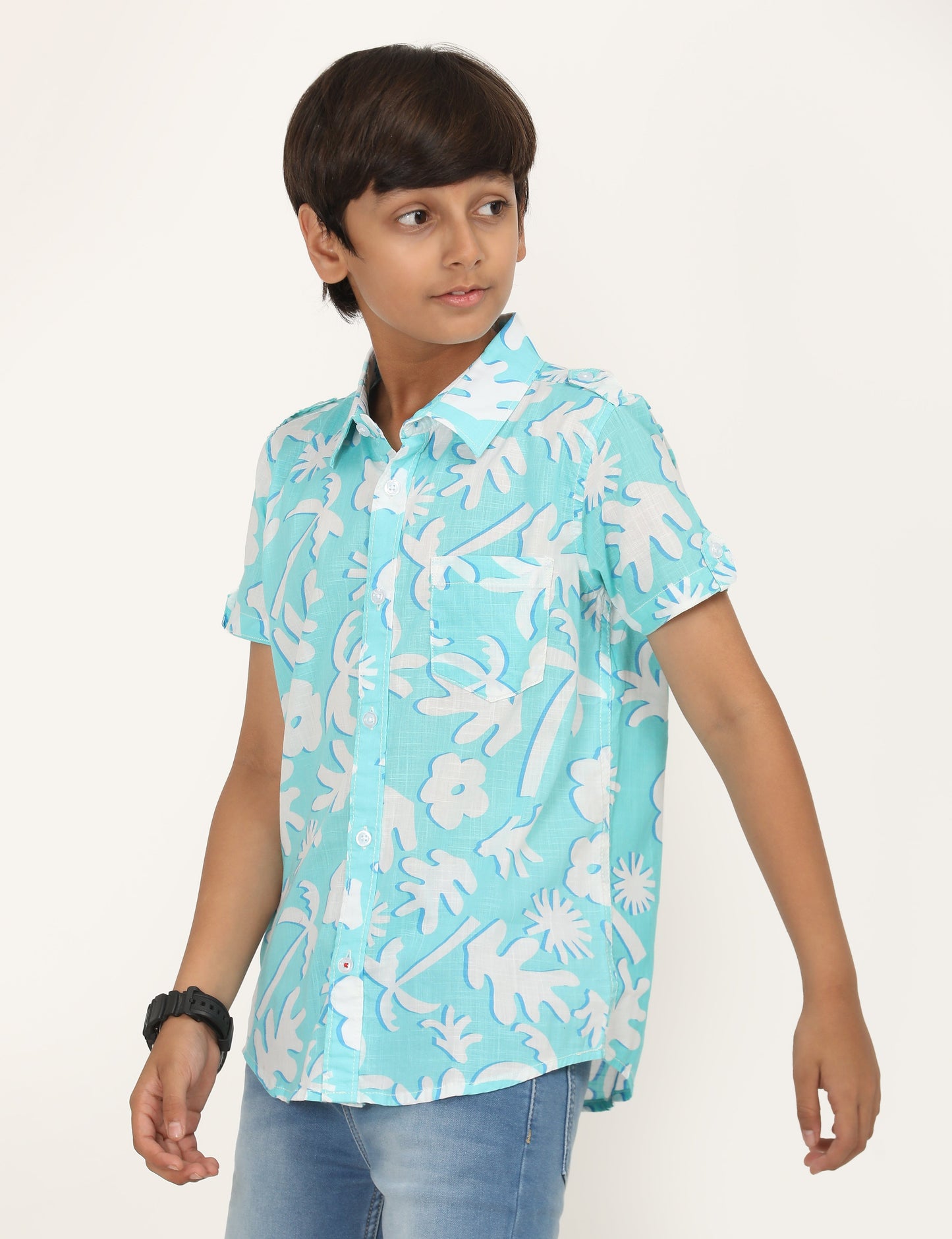 Zion Boys Cotton Half Sleeve Shirt with Abstract Floal Printed - Aqua