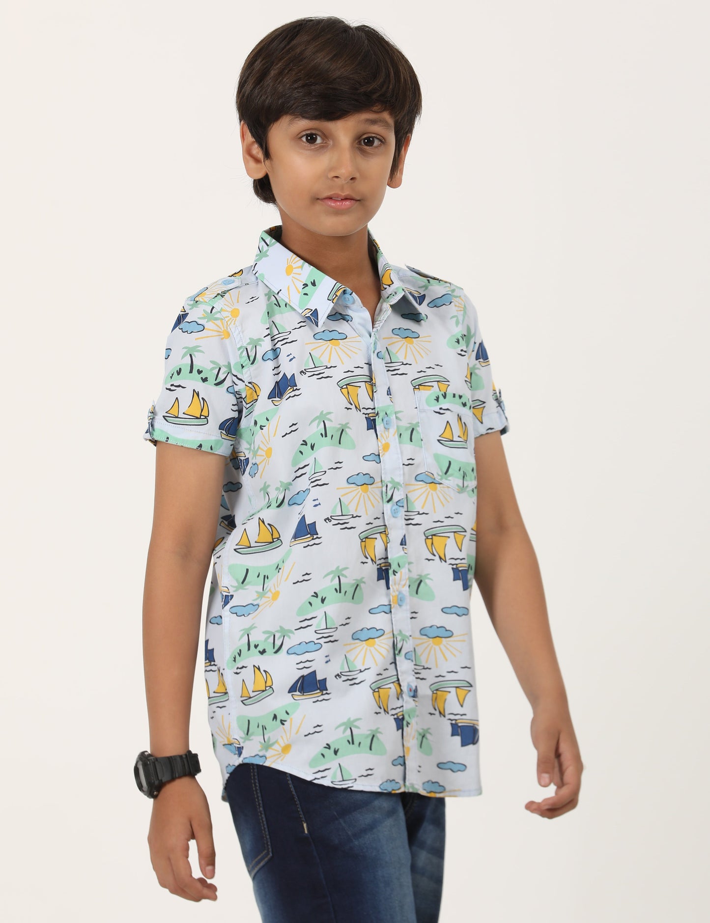 Zion Boys Cotton Half Sleeve Shirt with Conversational Print - Light Blue