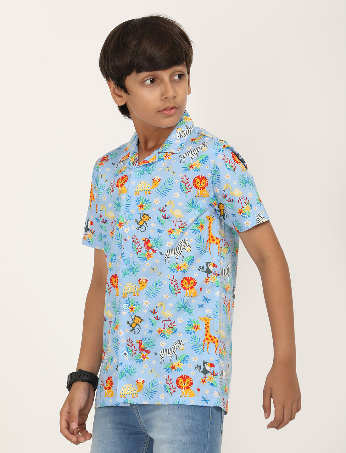 Zion Boys Cotton Half Sleeve Open Collar Shirt with Conversational Print - Aqua