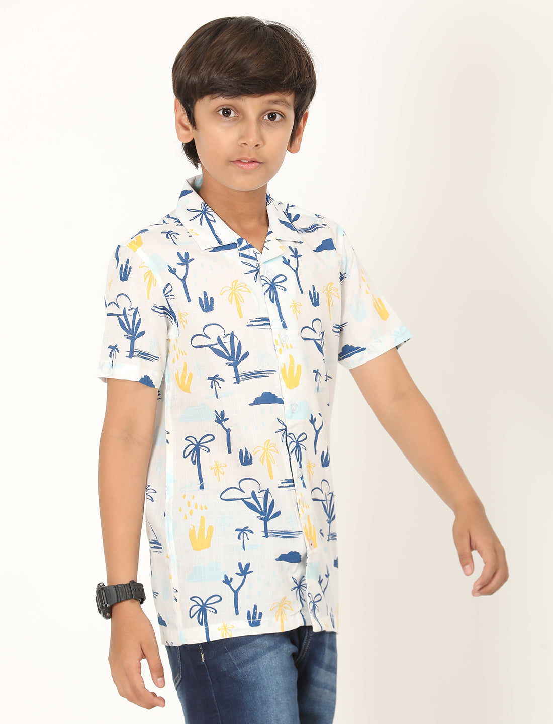 Zion Boys Cotton Half Sleeve Open Collar Shirt with Abstract Print - White