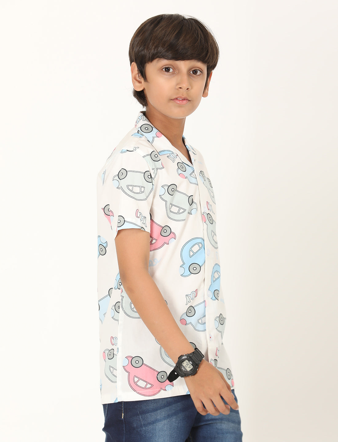 Zion Boys Cotton Half Sleeve Open Collar Shirt with Car Print - Multi