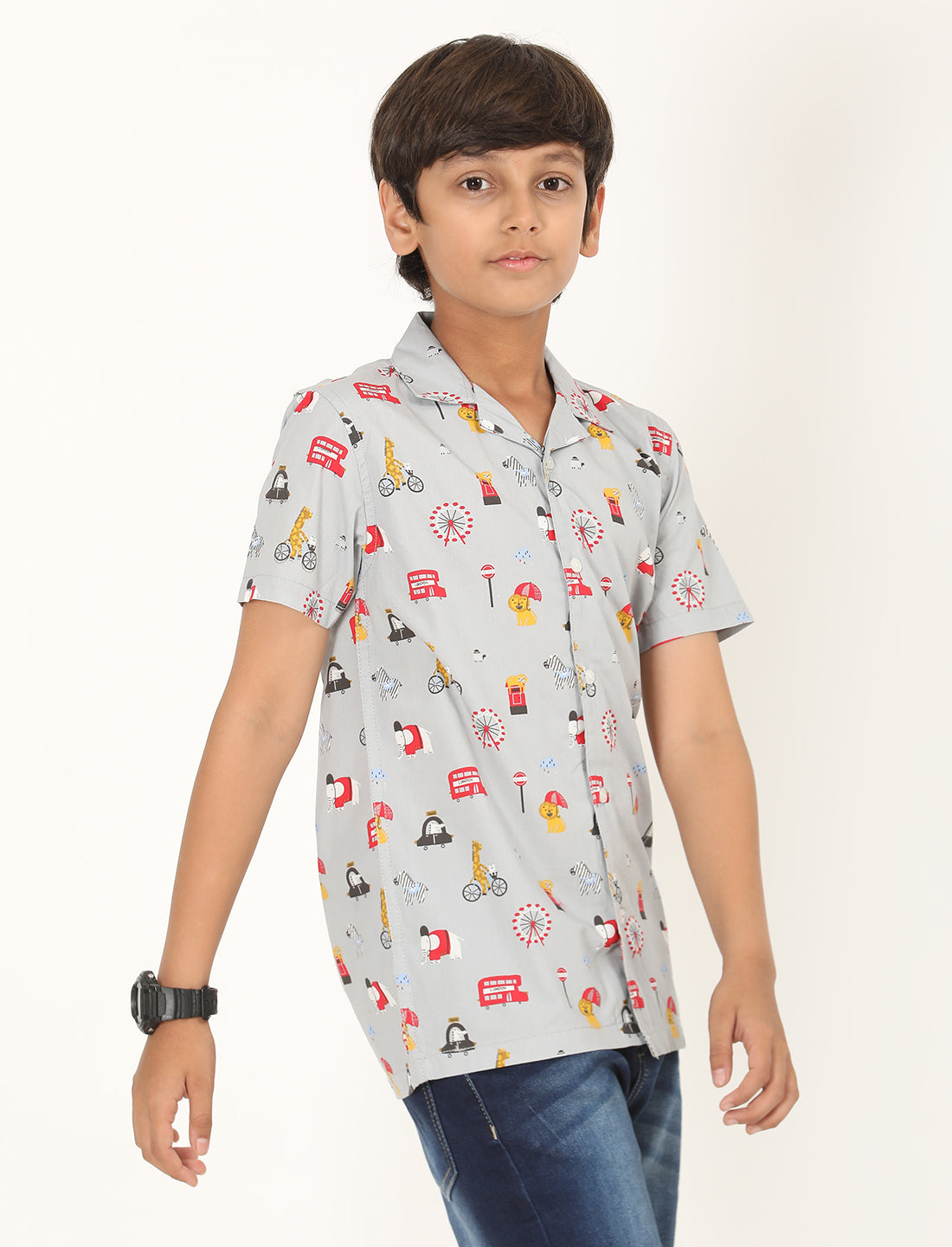 Zion Boys Cotton Half Sleeve Open Collar Shirt with Cartoon Printed - Multi