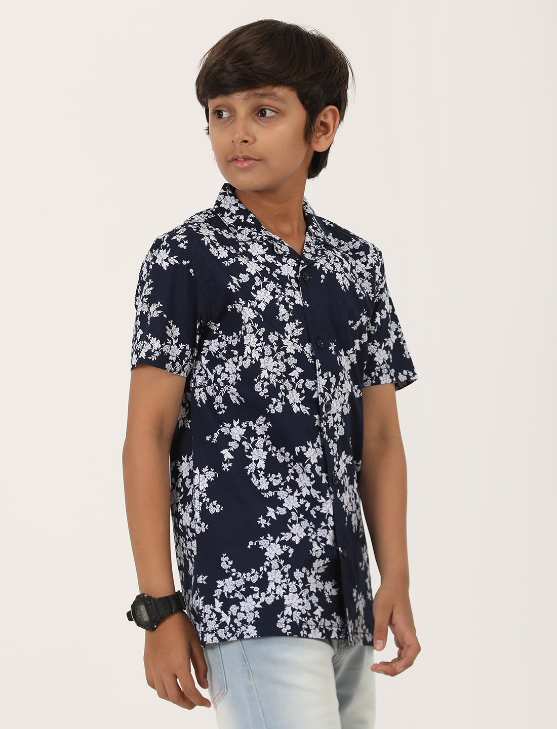 Zion Boys Cotton Half Sleeve Open Collar Shirt with Floral Printed - Navy