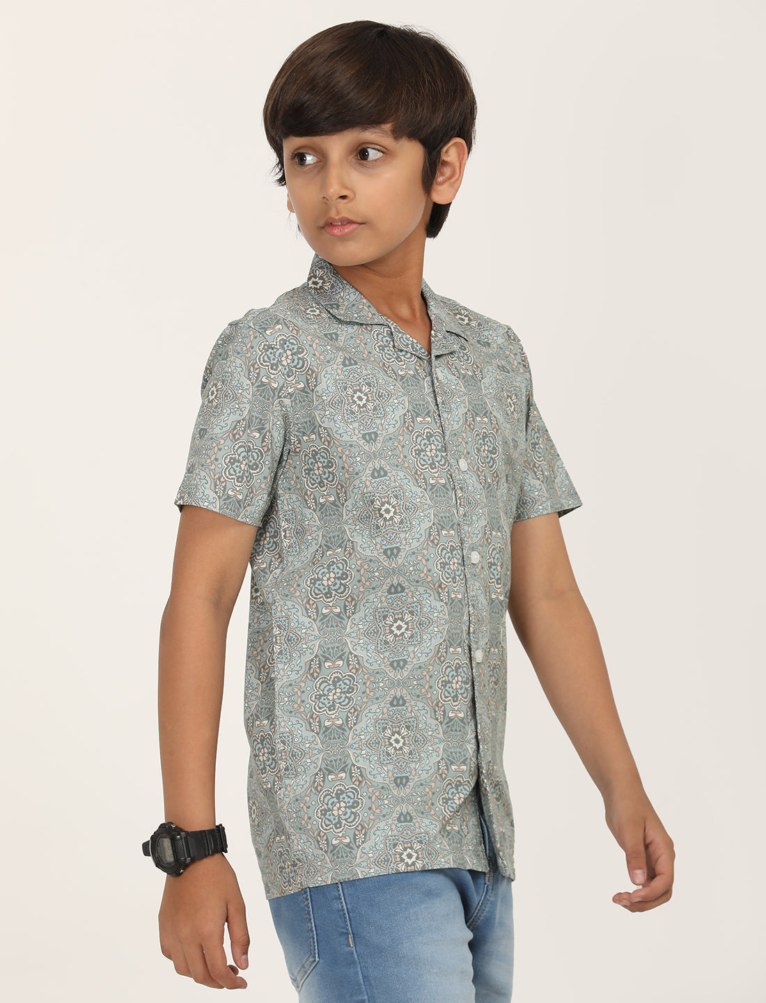 Zion Boys Cotton Half Sleeve Open Collar Shirt with Geometric floral Printed - Olive