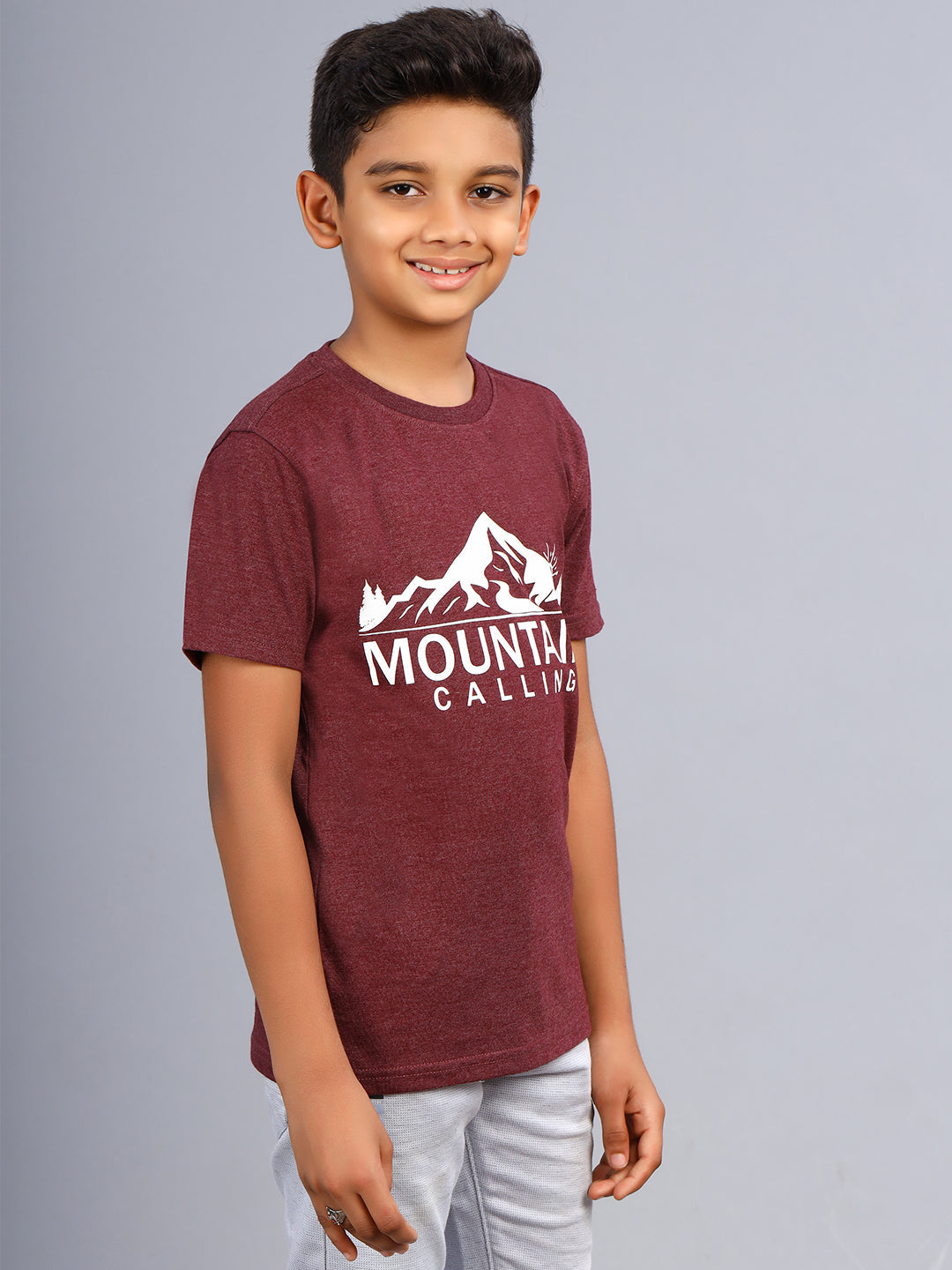 Zion Boys Crew Neck Tshirt in Mountain Print-Maroon