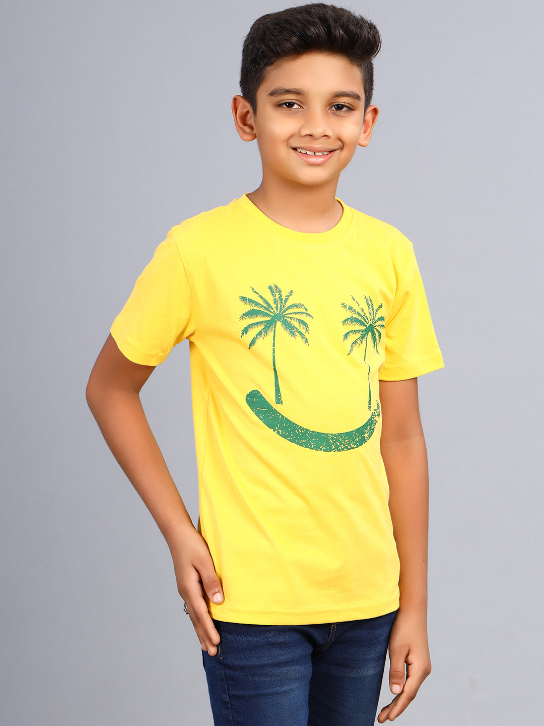 Zion Boys Crew Neck Tshirt in Smiley Palm Tree Print-Yellow