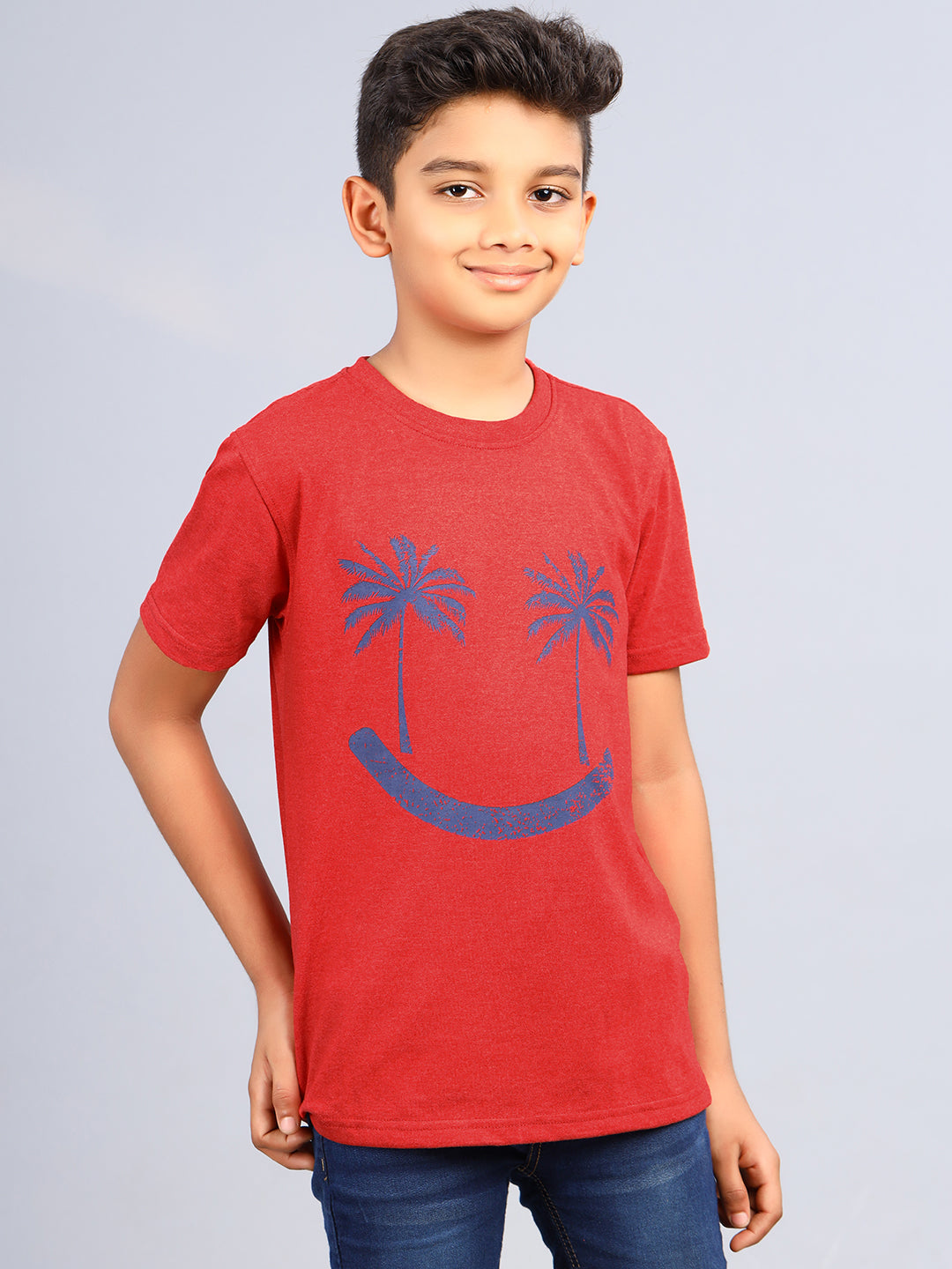 Zion Boys Crew Neck Tshirt in Smiley Palm Tree Print-Red