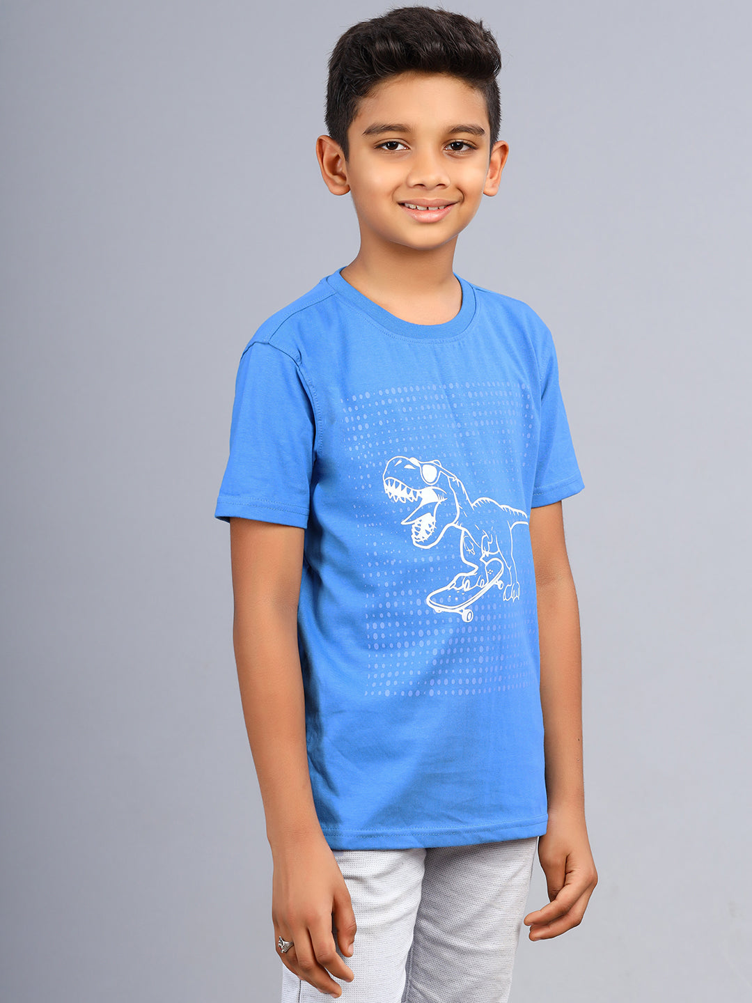 Zion Boys Crew Neck Tshirt in Dino Print-Blue