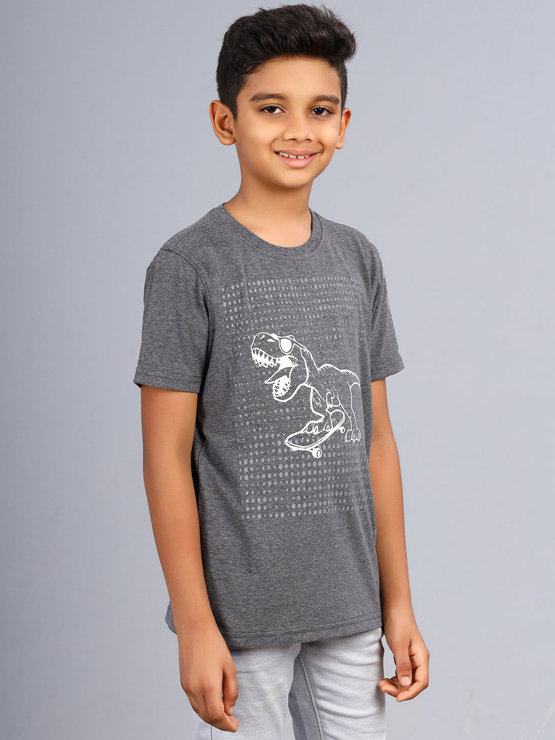 Zion Boys Crew Neck Tshirt in Dino Print-Grey