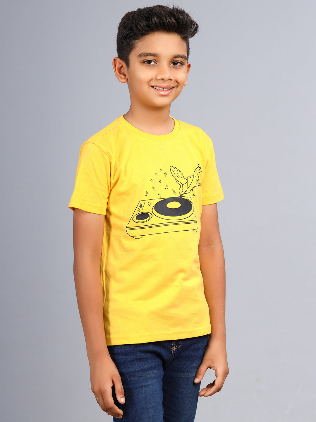 Zion Boys Crew Neck T shirt in Music System Print-Yellow