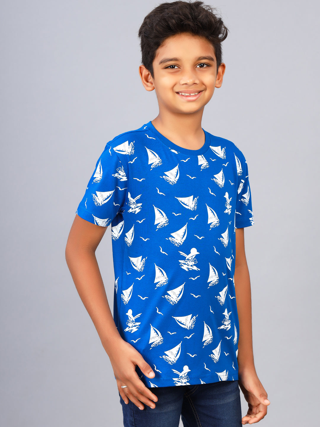 Zion Boys Crew Neck T shirt in Sailor Boat Print-Royal Blue