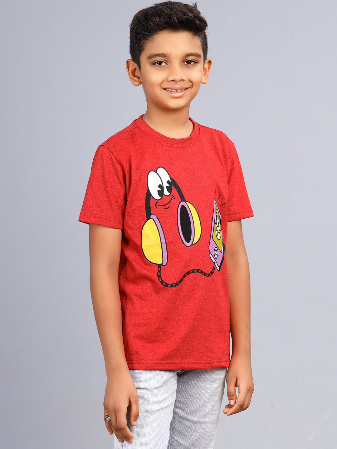 Zion Boys Graphic Printed Crew Neck T shirt-Red Melange