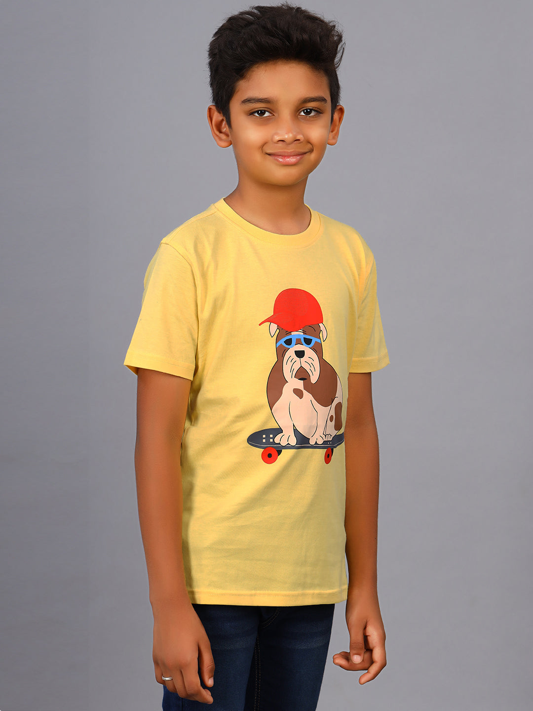 Zion Boys Crew Neck T shirt in Dog Print-Light Yellow