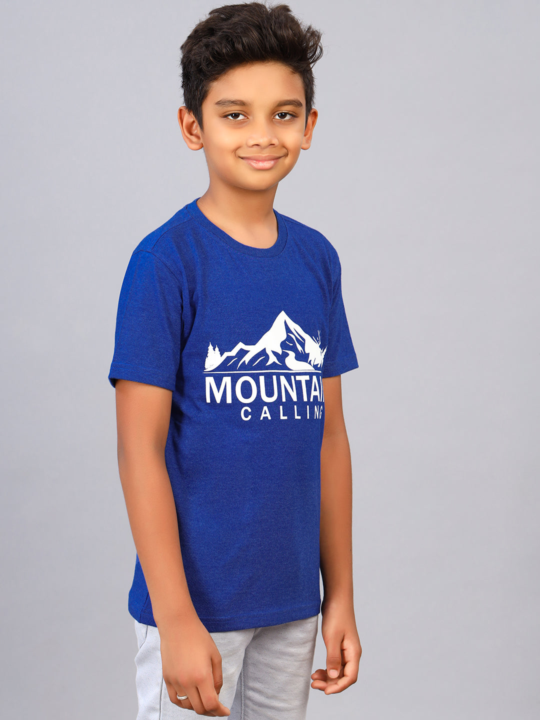 Zion Boys Crew Neck Tshirt in Mountain Print-Blue Melange