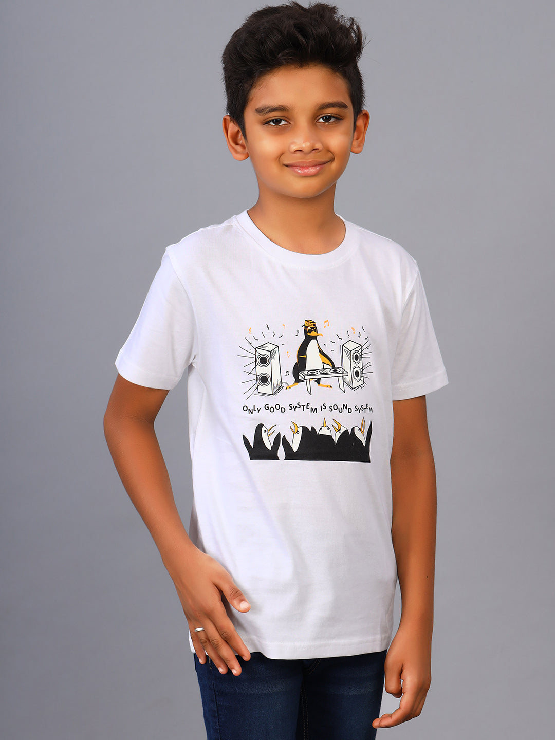 Zion Boys Crew Neck Tshirt in Penguin Music Print-White