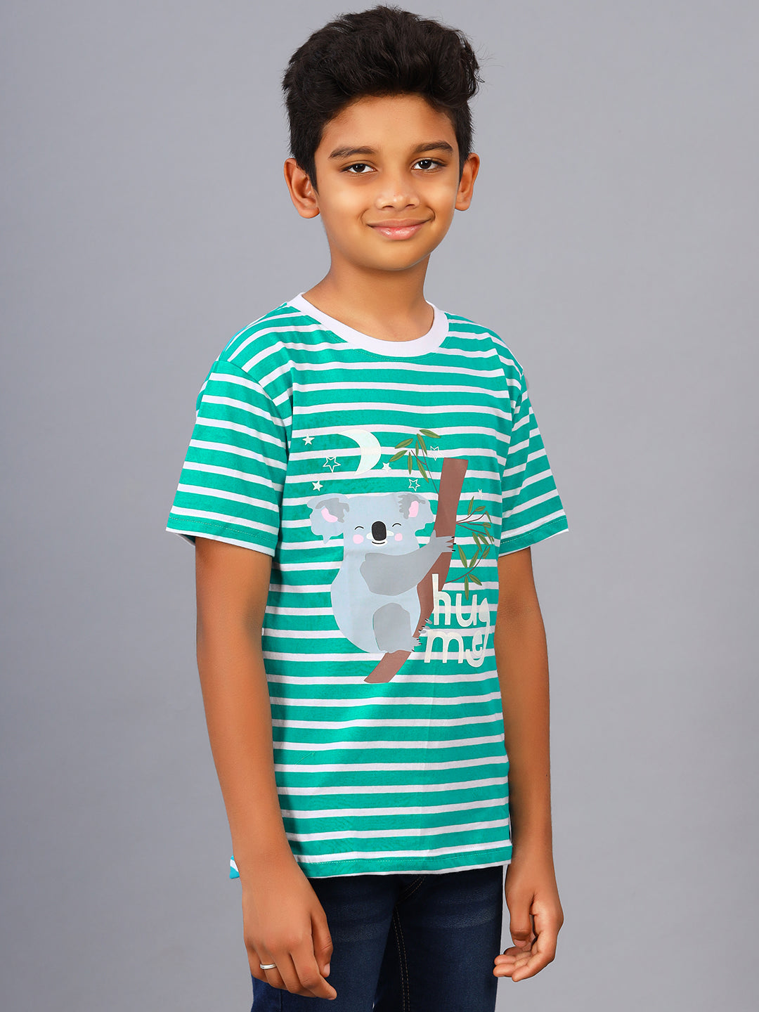 Zion Boys Koala Printed Crew Neck T shirt-Green