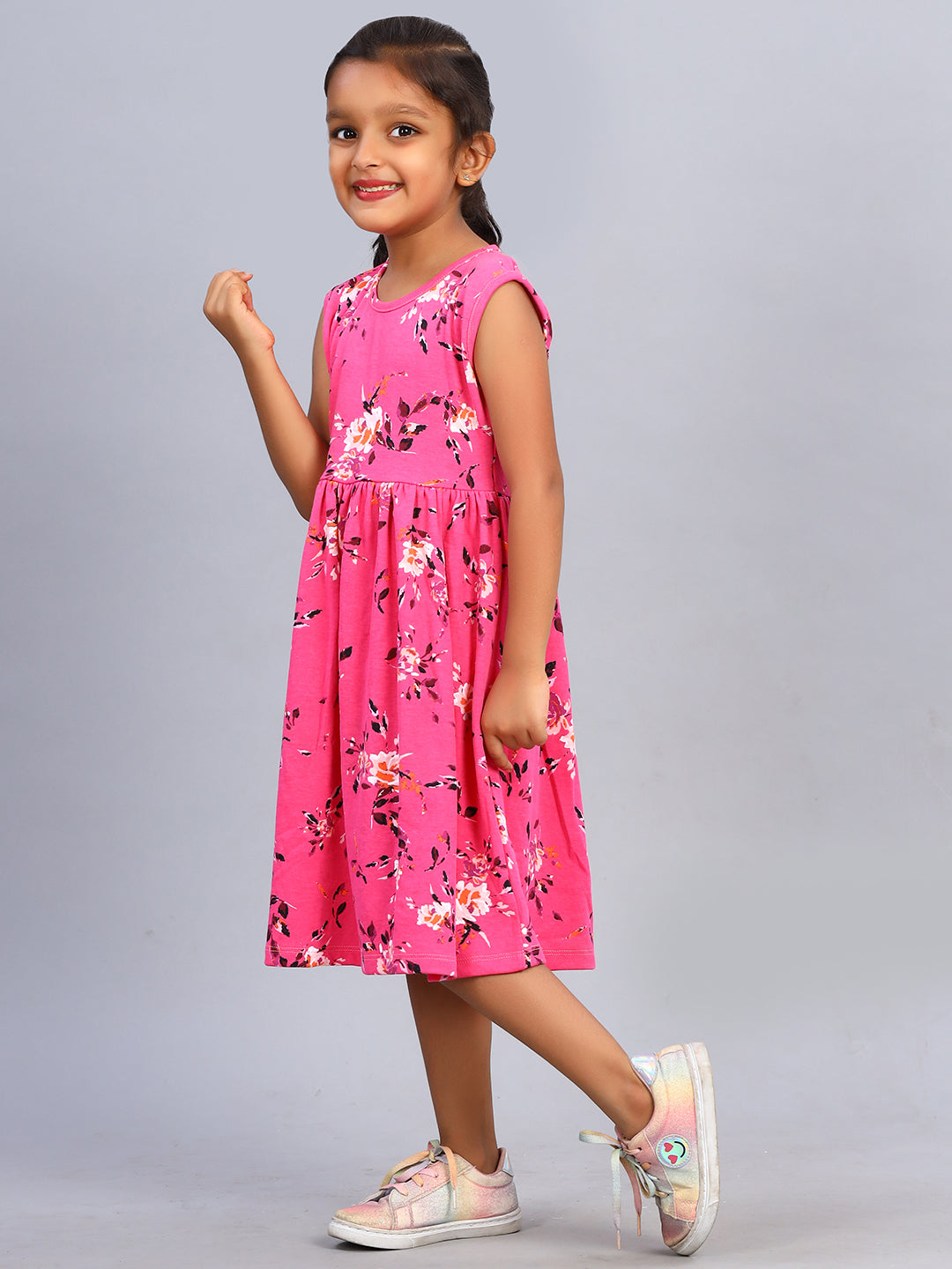 Zion Girls Floral Printed Fit and Flare Dress in Knit - Dark Pink