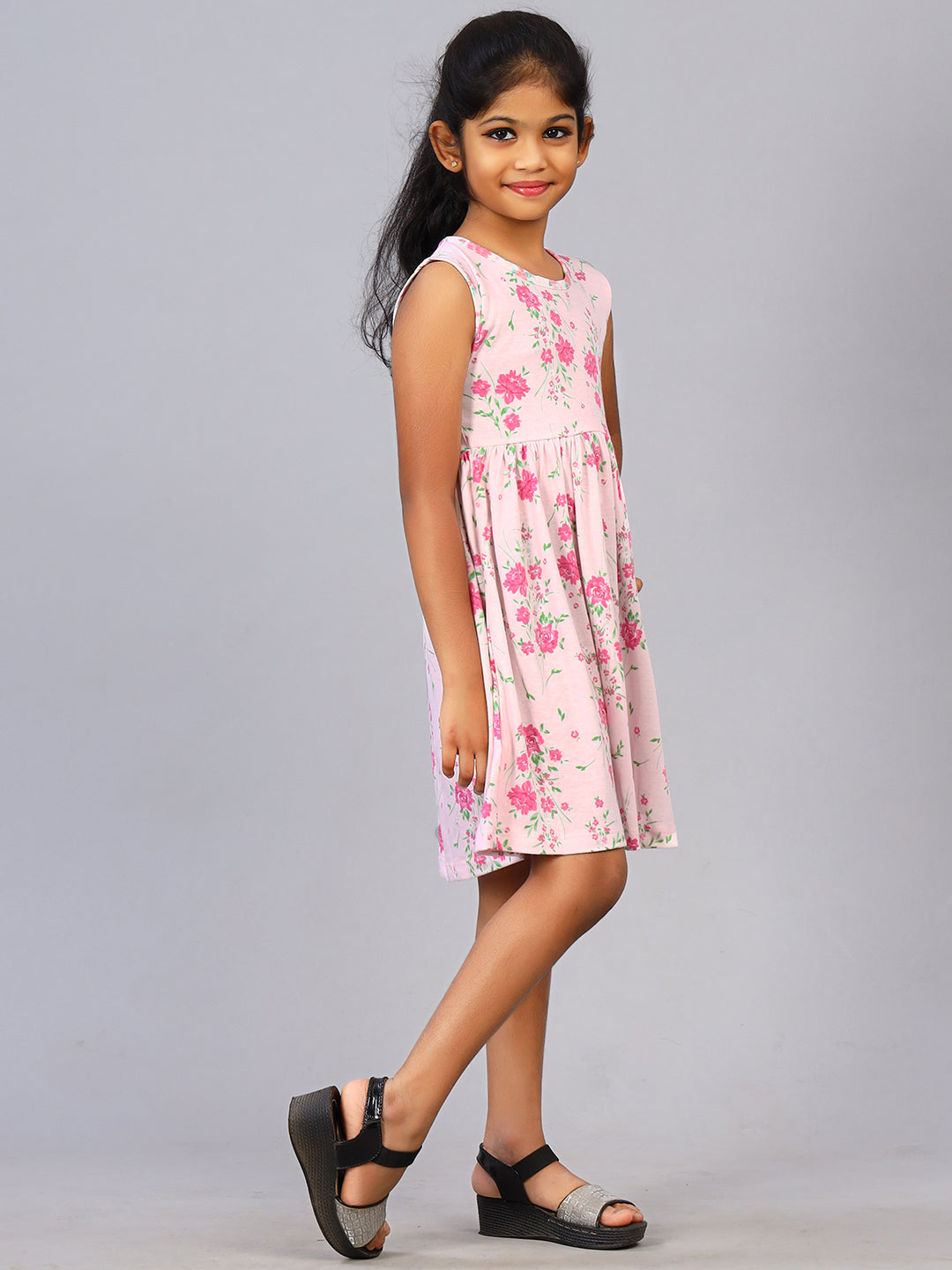Zion Girls Floral Printed Fit and Flare Dress in Knit - Pink