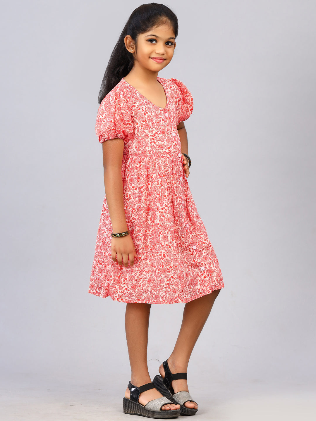 Zion Girls Printed Fit and Flare Dress with Flower Detail and Tie up Tape-White