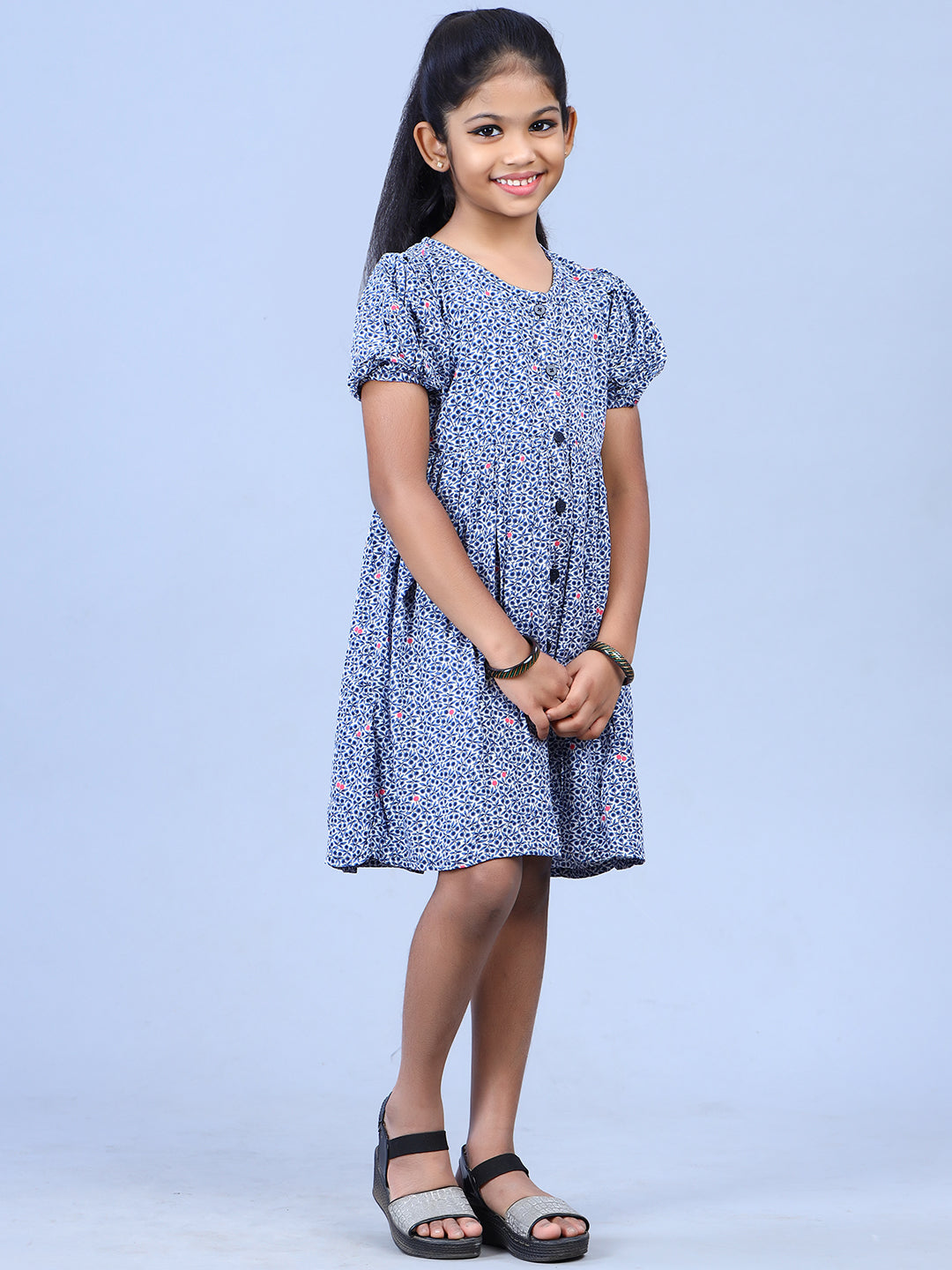 Zion Girls Printed Fit and Flare Dress with Flower Detail and Tie up Tape-Blue