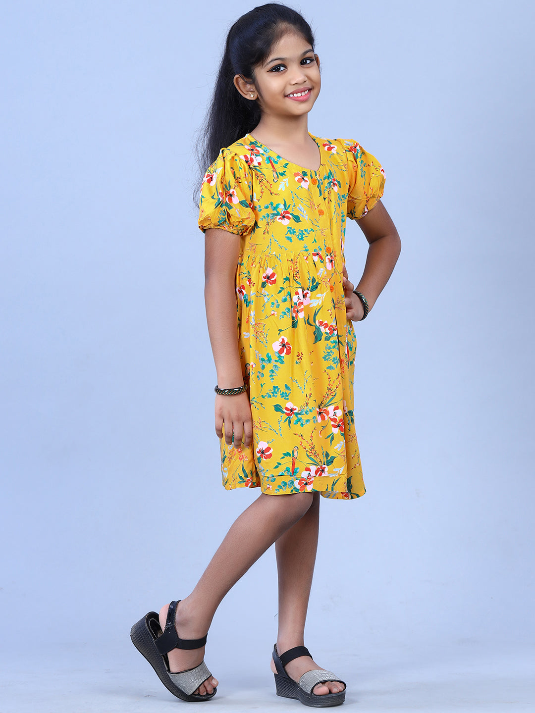 Zion Girls Printed Fit and Flare Dress with Flower Detail and Tie up Tape-Yellow