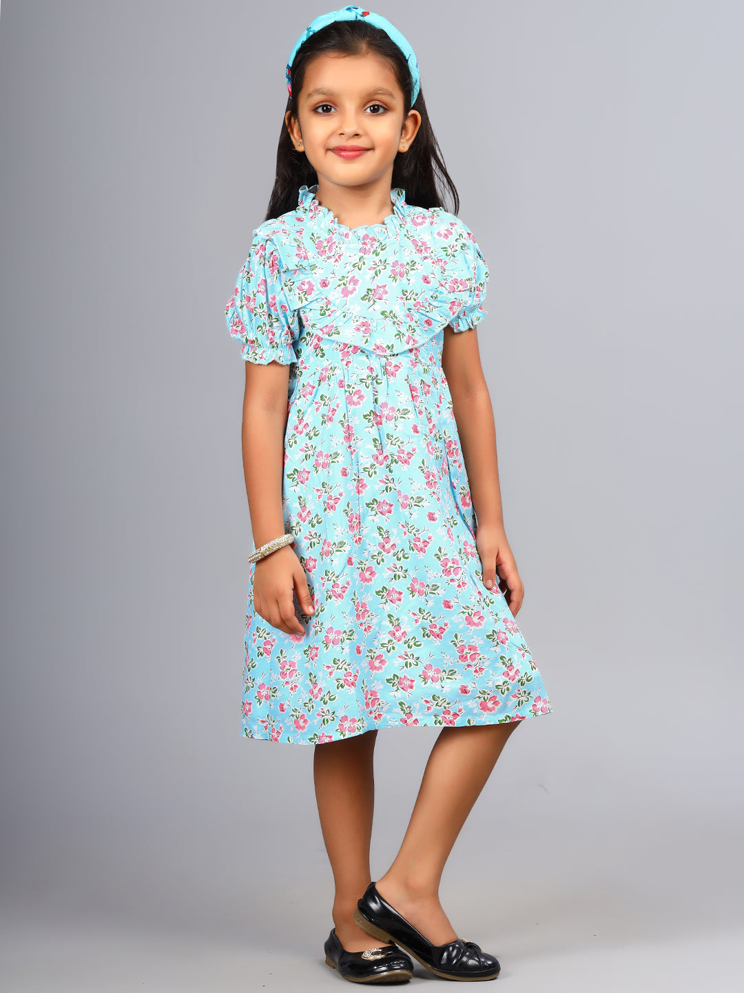 Zion Girls Printed Fit and Flare Dress with Ruffle Highlights & Puff Sleeves-Light Blue