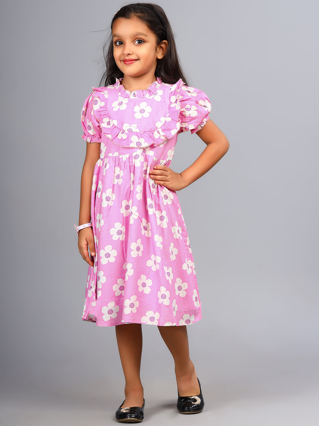 Zion Girls Printed Fit and Flare Dress with Ruffle Highlights & Puff Sleeves-Pink