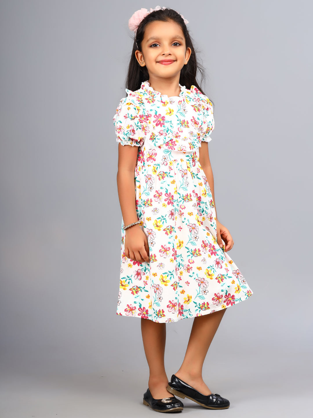 Zion Girls Printed Fit and Flare Dress with Ruffle Highlights & Puff Sleeves-White