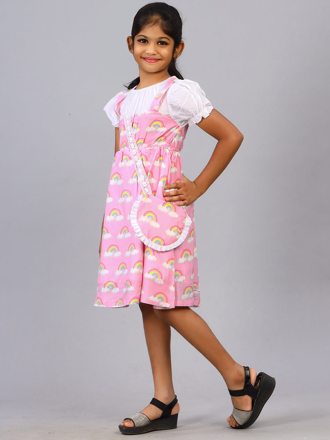 Zion Girls Printed Fit and Flare Dress with pleated bodice & Purse-Multi